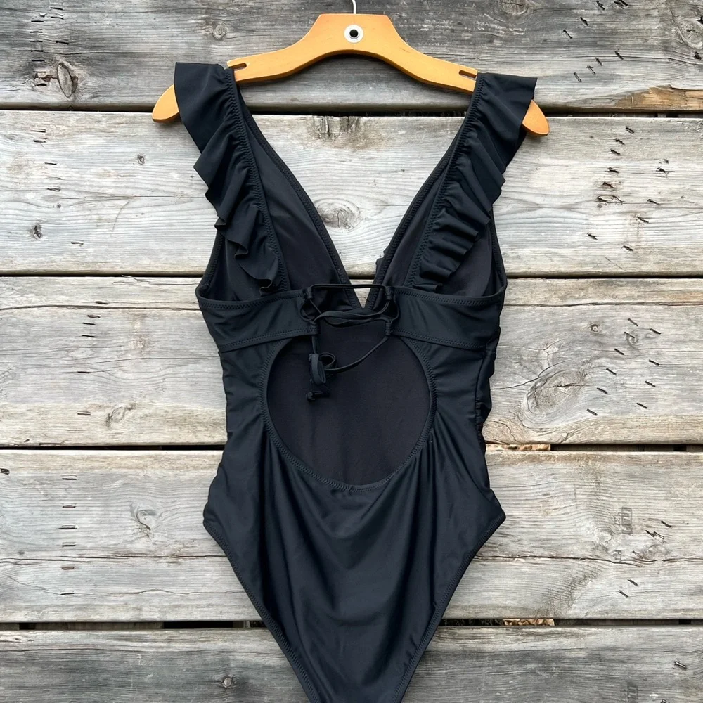M Summer Seaside Ruffle Ruched Plunge Gathered Back One Piece